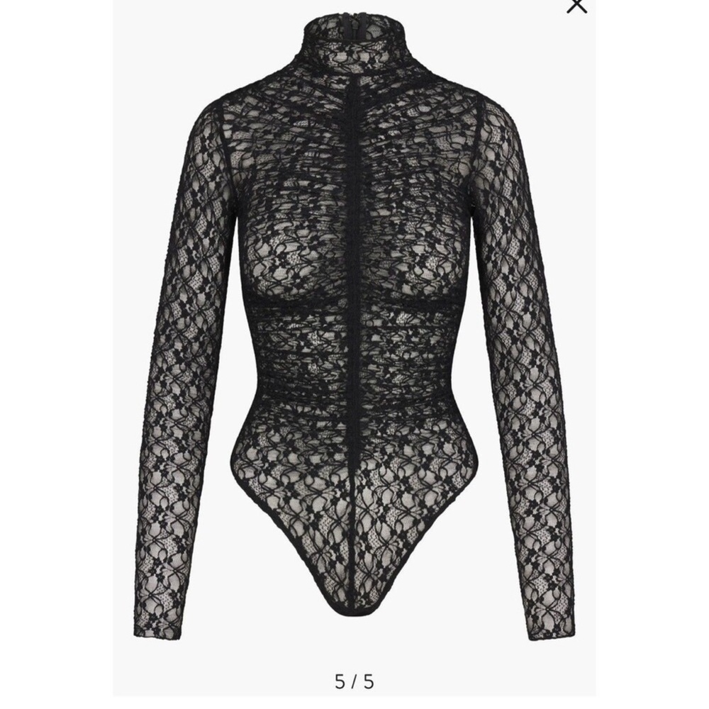 NWT Naked Wardrobe Black Lace Sheer Long Sleeve Bodysuit Large Ruched Mock Neck - Picture 2 of 11